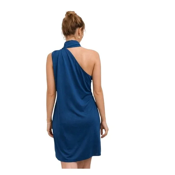 Asymmetrical One Shoulder Ruched Mock Neck Cocktail Dress Blue - Picture 1 of 5